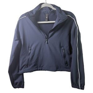 all in motion Navy Cropped Half-Zip Bomber Jacket with White Trim